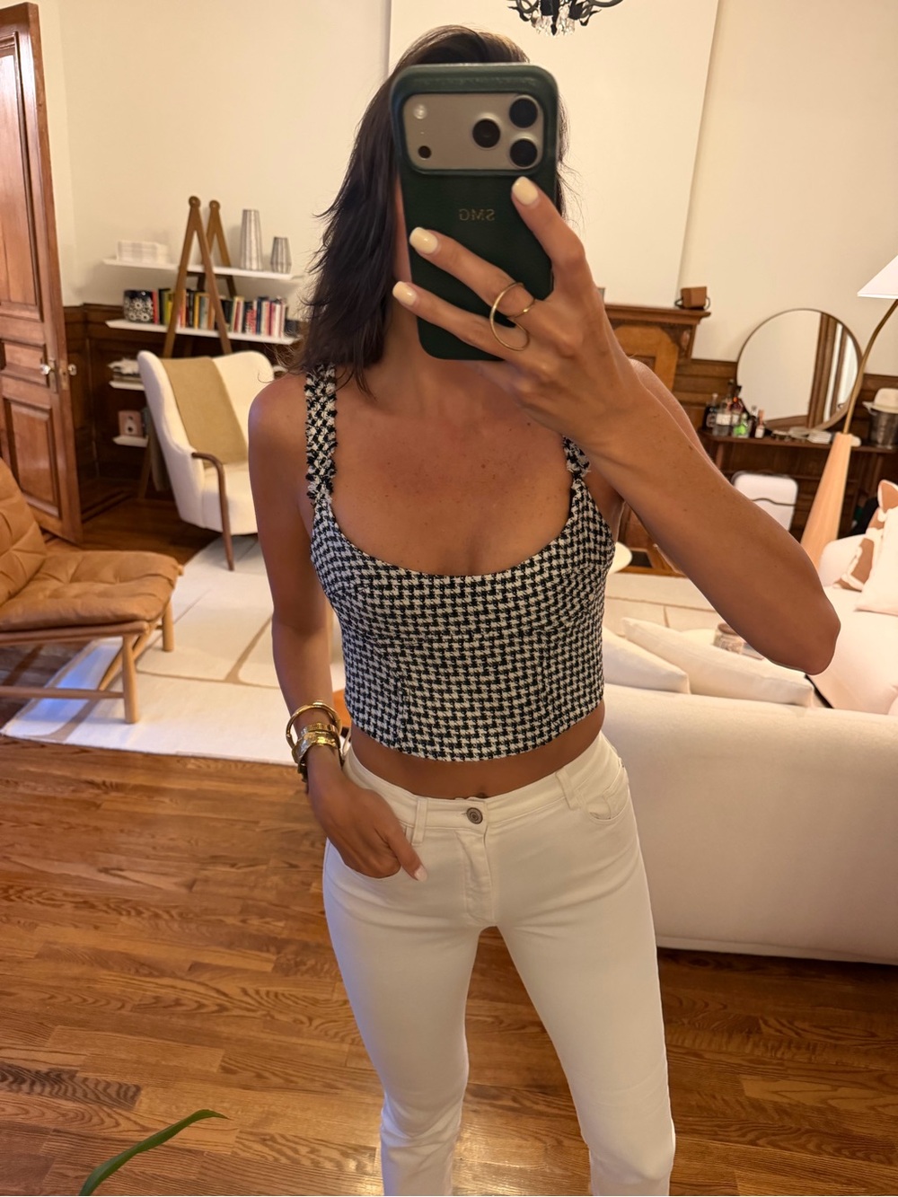 Zara Black & White Houndstooth Braided-Strap Crop Top - Size S